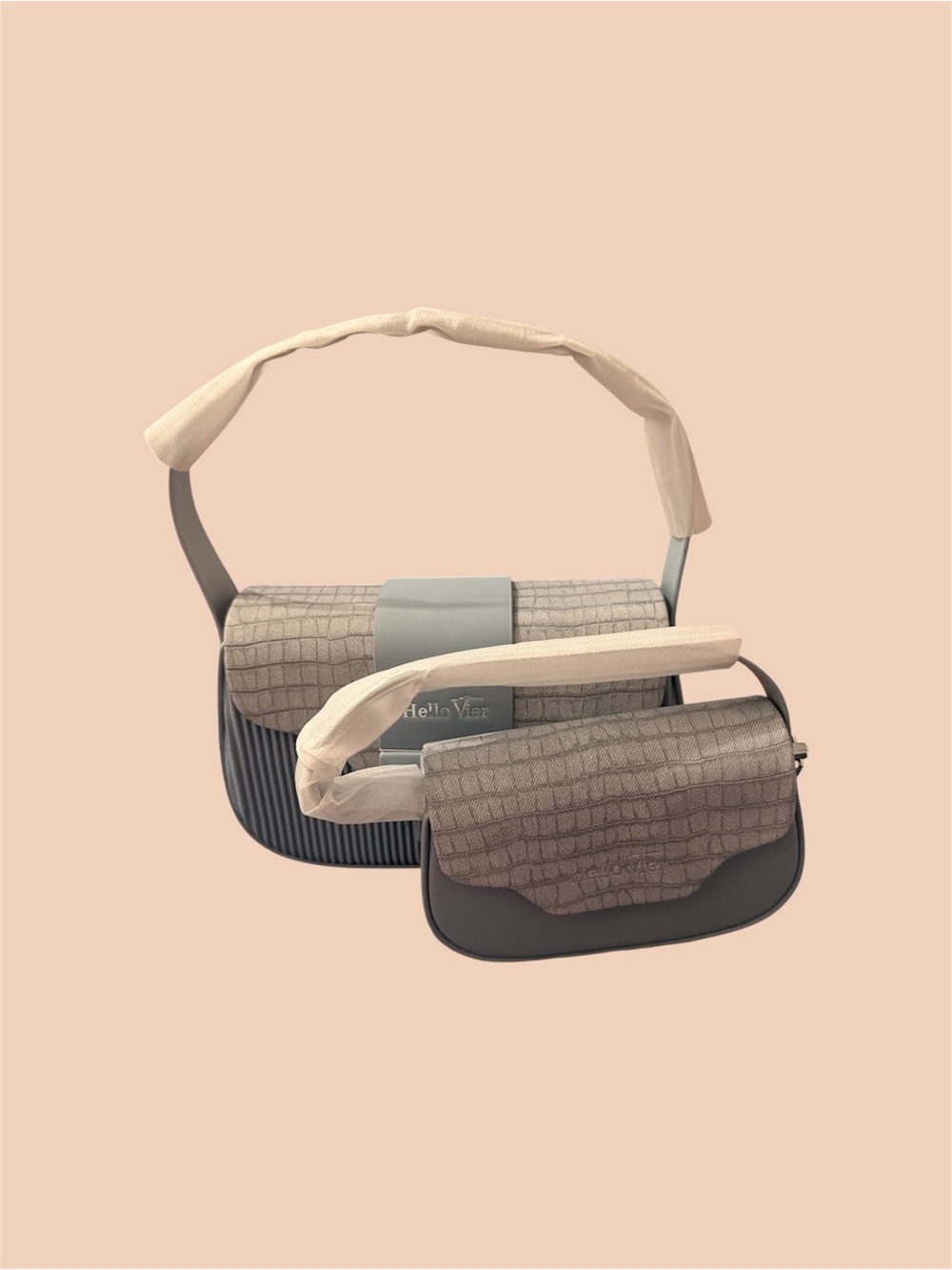 Croc-Textured Taupe Shoulder Bag with Slate Accents